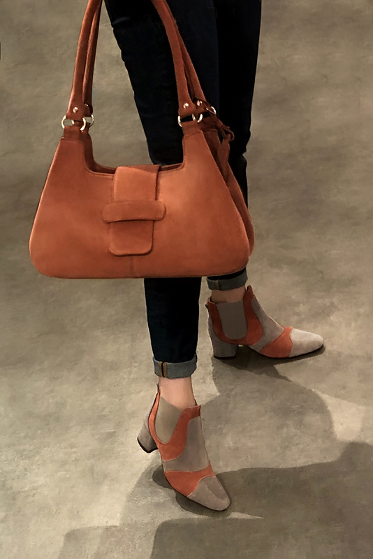 Tan beige, terracotta orange and taupe brown women's ankle boots, with elastics. Round toe. Low flare heels. Worn view - Florence KOOIJMAN